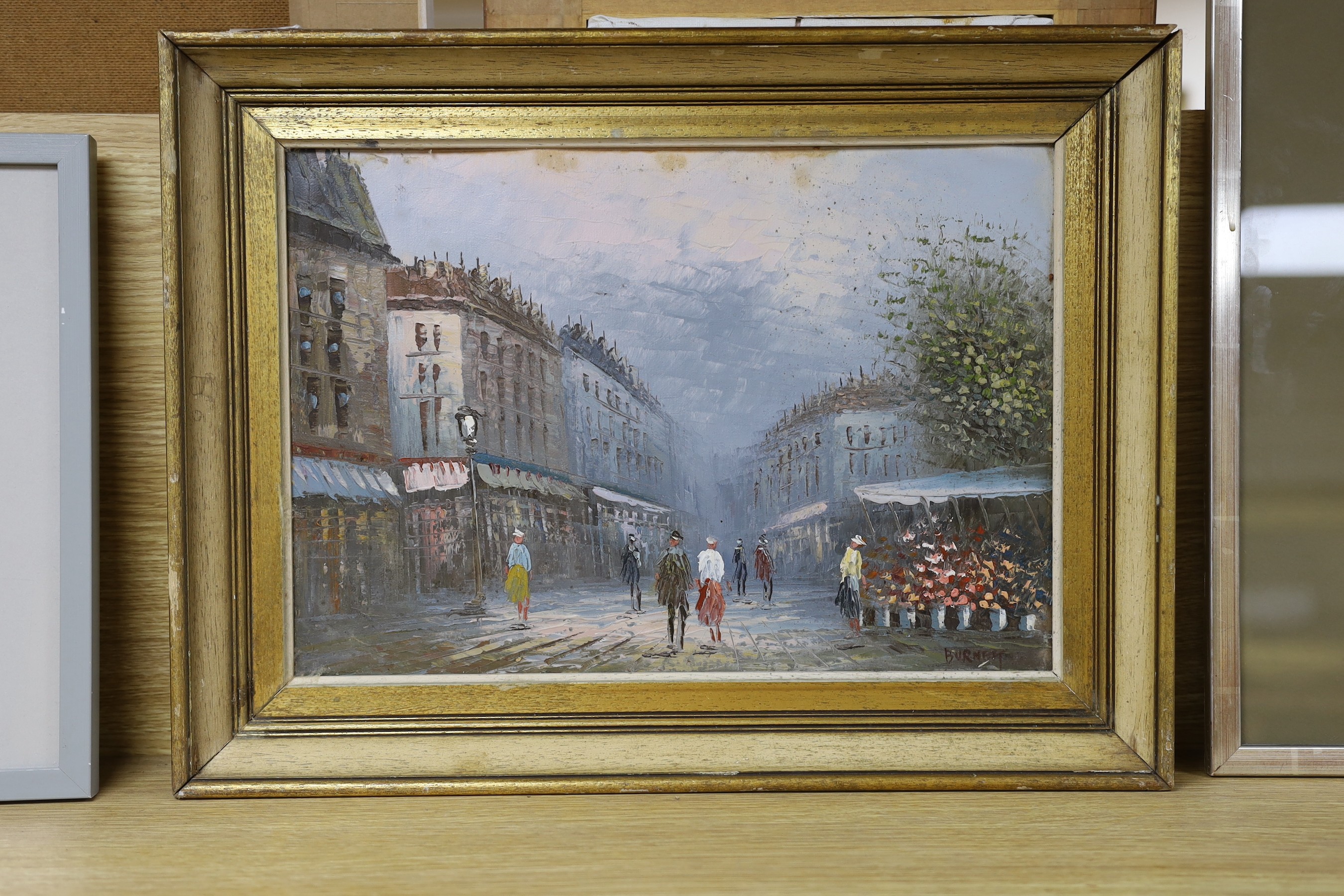 Burnett, oil on board, Paris street scene, 27 x 39cm